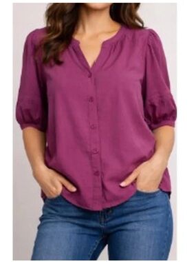 beachlunchlounge Button-Front Puff Sleeve Blouse in mauve orchards